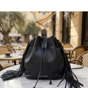 Victoria's Secret Black Fringe Drawstring Bucket Bag Backpack
